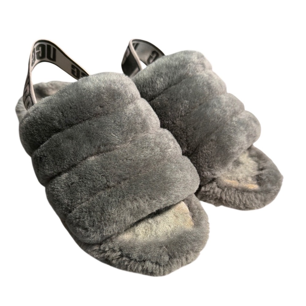 UGG Fluff Yeah Slide Charcoal Grey Sheepskin Slingback Sandals 1095119 Womens 7
